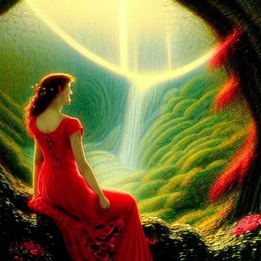 Prompt: an elegant fairy queen in a red lace dress sitting and looking out at a lord of the rings scenery landscape, vast lush valley flowers and giant mushroom structures, waterfall, river, sunrise, god's rays highly detailed, vivid colour, soft clouds, floral sunset, cinematic lighting, perfect composition, gustave dore, derek zabrocki, greg rutkowski, belsinski