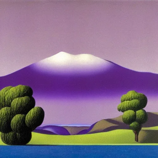 Prompt: purple mountains with a river by rene magritte