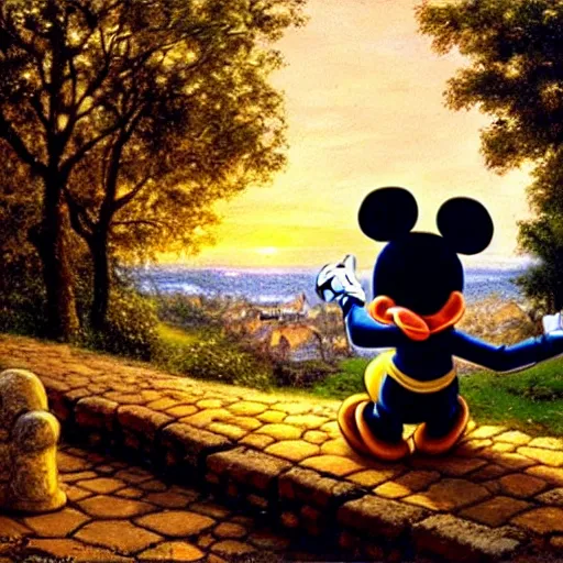 Image similar to Mickey mouse sitting on a cobblestone wall, watching the sunset, painting by Viktor Vasnetsov, highly detailed, oil on canvas, cinematic shot, dramatic lighting, award-winning