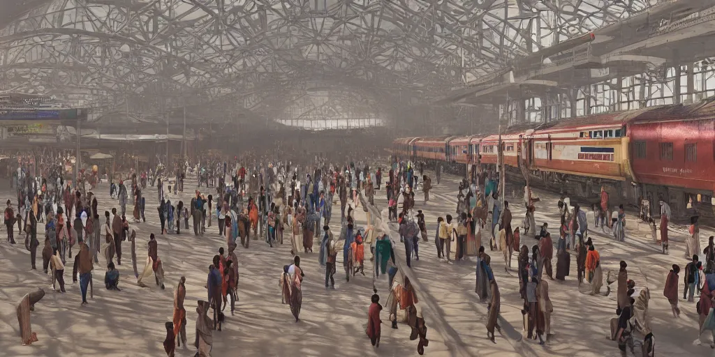 Image similar to cinematic movie scene, establishing shot, interior of an india railway station, bustling with people, sharp focus, unreal engine, octane render, aesthetic