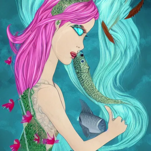 Prompt: naiad with fish tale, with light pink hair