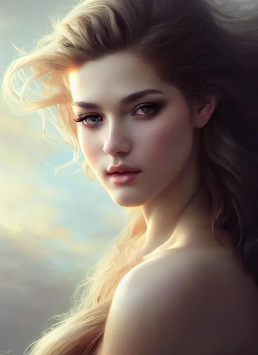 Image similar to a gorgeous female photo, professionally retouched, soft lighting, feather hair, realistic, smooth face, perfect eyes, wide angle, sharp focus on eyes, 8 k high definition, insanely detailed, intricate, elegant, art by artgerm and greg rutkowski and stefan kostic