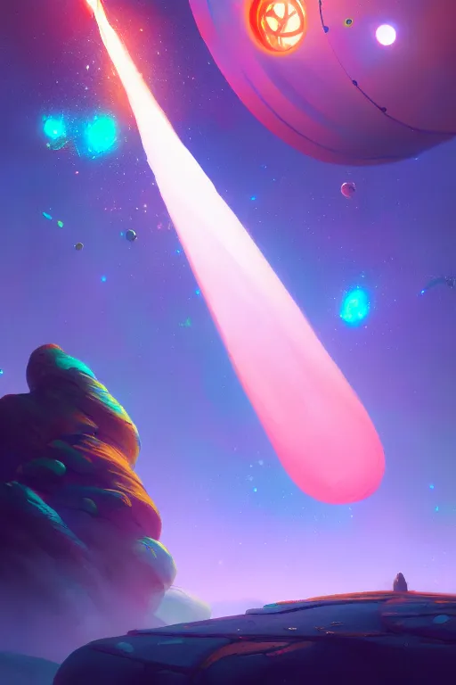 Image similar to a space rocket using dreams as it's fuel launching from the candy land, extremely detailed digital painting, in the style of fenghua zhong and ruan jia and jeremy lipking and peter mohrbacher, mystical colors, rim light, beautiful lighting, 8 k, stunning scene, raytracing, octane, trending on artstation