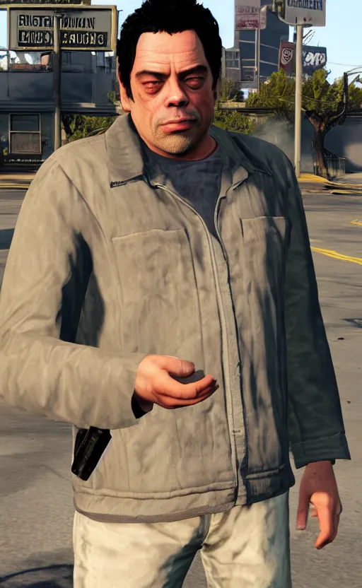 Image similar to benicio del toro as a loading screen character in gta v