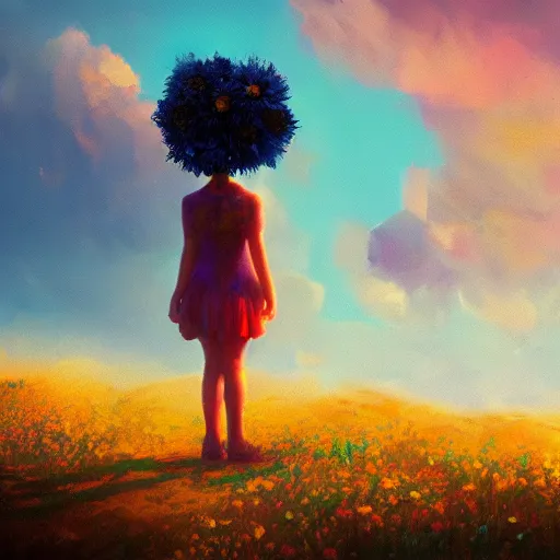 Image similar to closeup, giant flower head, girl standing on cliff, surreal photography, sunrise, blue sky, dramatic light, impressionist painting, digital painting, artstation, simon stalenhag