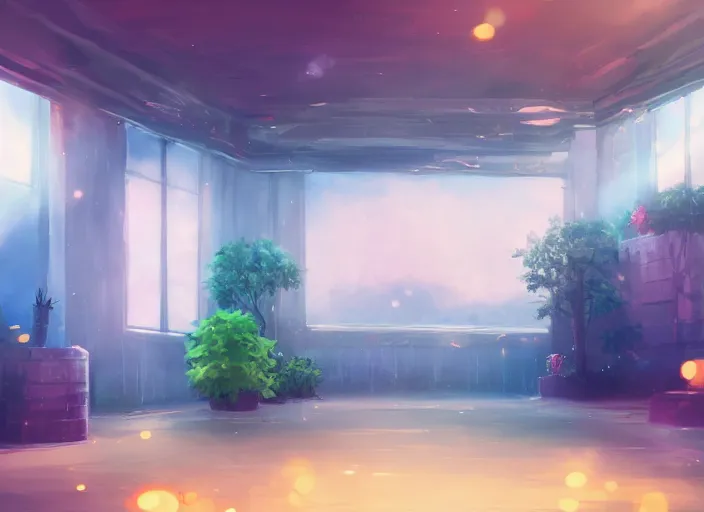 Image similar to anime background clean neat clarity professional visual development set design, cozy hall with big screen instead of one wall, sparse plants, dim painterly lighting volumetric aquatics, impasto, trending on pixiv