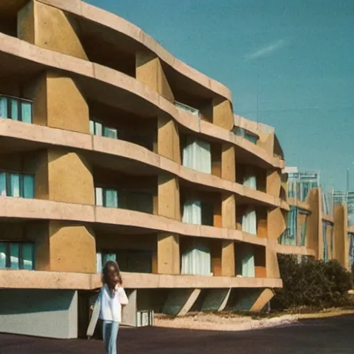 Prompt: 1 9 7 0 s groovy hotel, brutalist architecture