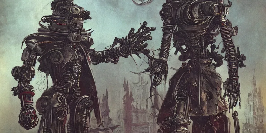 Prompt: a robot hunter from bloodborne on a retrofuturism yharnam, style by retrofuturism, faded color, for 1 9 7 0 s'sci - fi, by malcolm smith