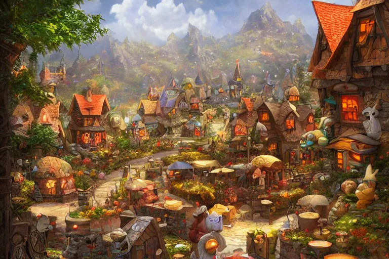 Image similar to mousefolk cozy fantasy village street view by artgerm and Craig Mullins, James Jean, Andrey Ryabovichev, Mark Simonetti and Peter Morbacher 16k