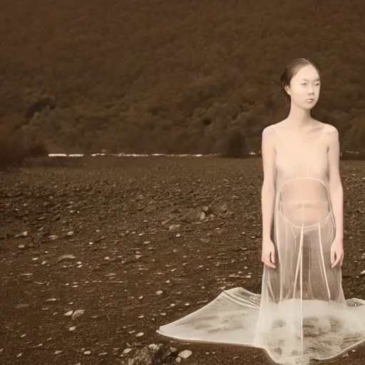 Image similar to a instax photo of fuji mountain, a tall japanese girl in a transparent sheer fabric dress against the background of fuji mountain, severe snow, full body shot, perfect symmetrical body, perfect symmetrical face, coherent symmetrical eyes, by peter kemp, by monia merlo, hyperrealistic, hyperdetailed, octane render, 8 k