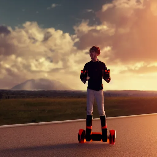 Image similar to film still of a teenage boy riding a hoverboard through the sky, sunset, golden hour, clouds. golden ratio. cinematic volumentric lighting space. octane render. concept art. trending on artstation