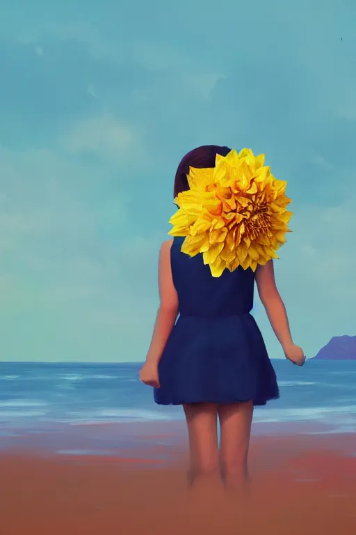 Image similar to closeup girl with huge yellow dahlia flower as a head, on beach, surreal photography, blue sky, sunrise, dramatic light, impressionist painting, digital painting, artstation, simon stalenhag