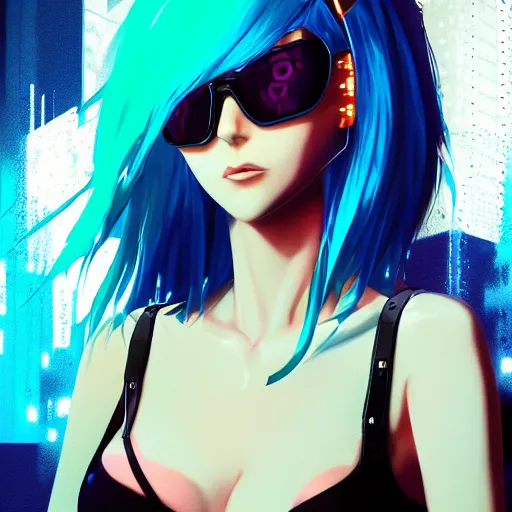 Image similar to hyper realistic photograph portrait of cyberpunk hot pretty girl with blue hair, wearing a full leather outfit, cyber implants, in city street at night, by makoto shinkai, ilya kuvshinov, lois van baarle, rossdraws, basquiat