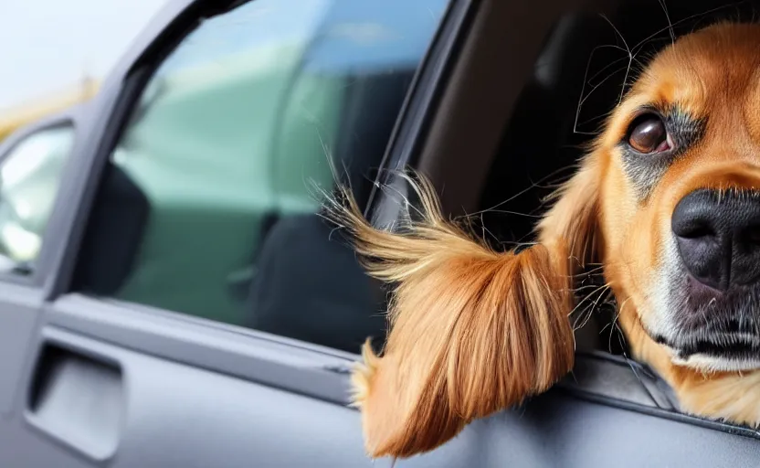 Prompt: a dog sitting in a car, looking out of the window and his hair is flying in the wind, 8 k