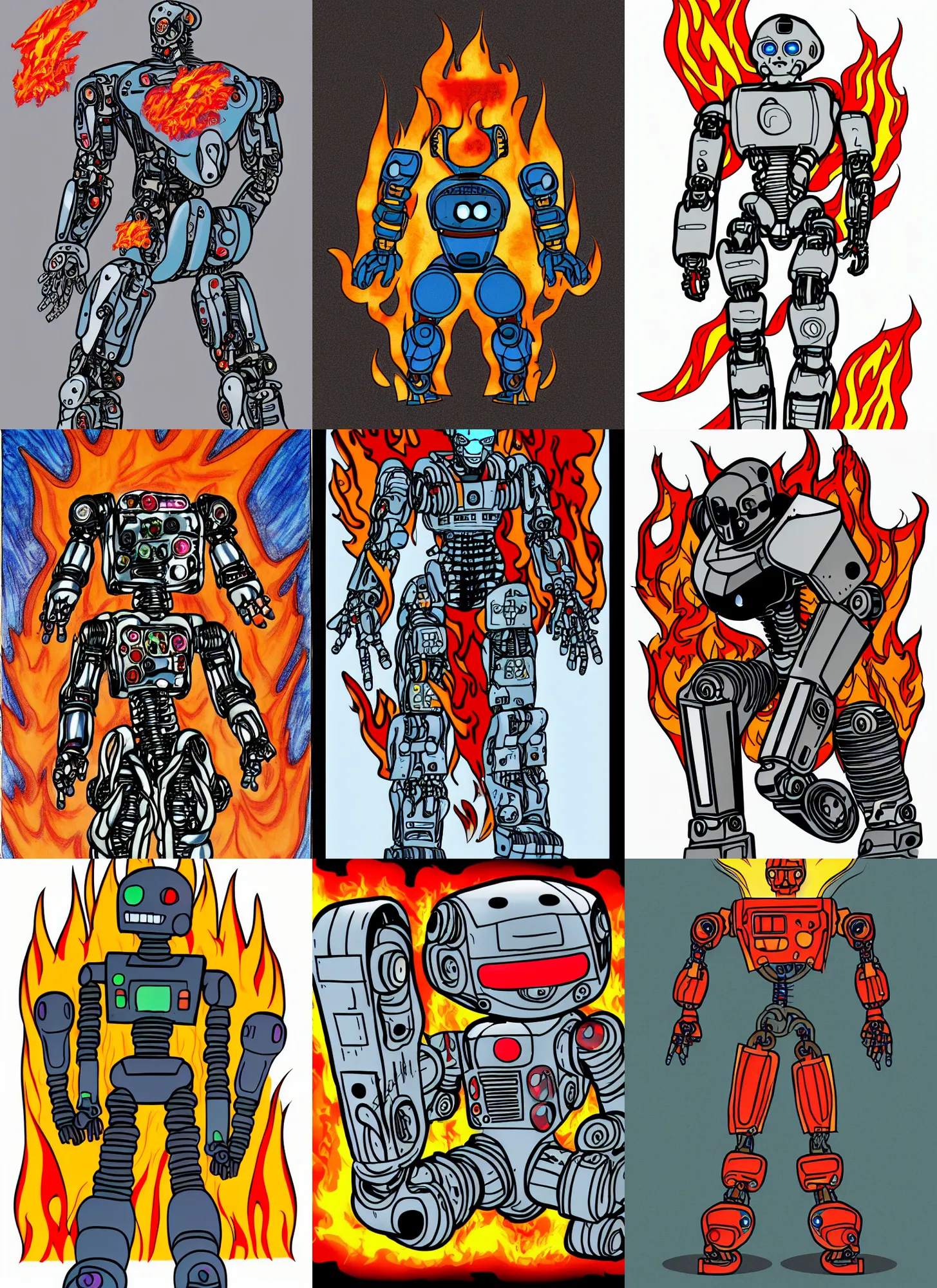 Prompt: full body concept flat colored marker art terminator robot with flames around it