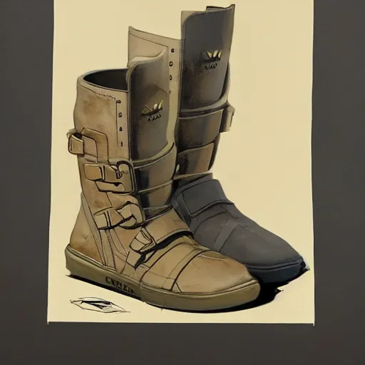 Prompt: a concept art of a pair water resistant boots, by Craig mullins, Steve Purcell, Ralph McQuarrie. Centered image, no background