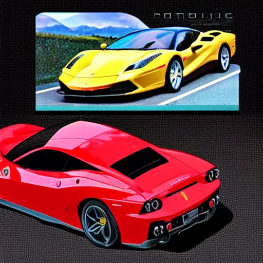 Image similar to realistic photographie lamborgini luxury mix with ferrari inside a pop collector box