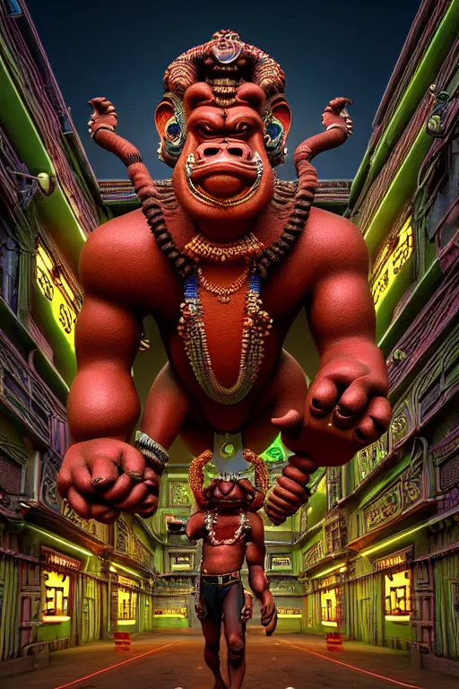 Image similar to high quality 3 d render post - rococo cyberpunk hanuman! head building, neon madhubani, open mouth, highly detailed, in sci - fi mumbai, cinematic smooth unreal engine, lee madgwick & liam wong, dramatic light, low angle, uhd 8 k, sharp focus