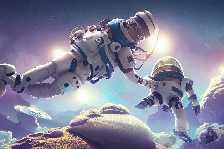 Image similar to astroneer chasing a distant spaceship Anime, wide angle, fine details, cinematic. galaxy starscape. realistic shaded lighting by Ilya Kuvshinov Giuseppe Dangelico Pino and Michael Garmash and Rob Rey greg rutkowski, octane render, IAMAG premiere, aaaa achievement collection, elegant freckles, cinematic hologram, fabulous, daily deviation, annual award winner
