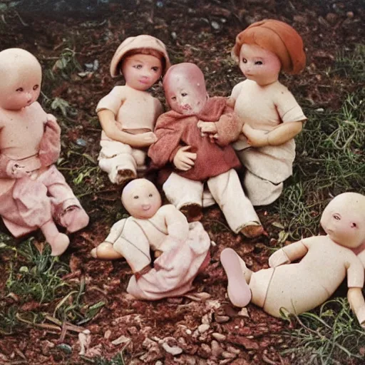 Prompt: autochrome photo of vintage disgusting brown kewpie dolls, plastic baby doll toys in a backyard garden, realistic