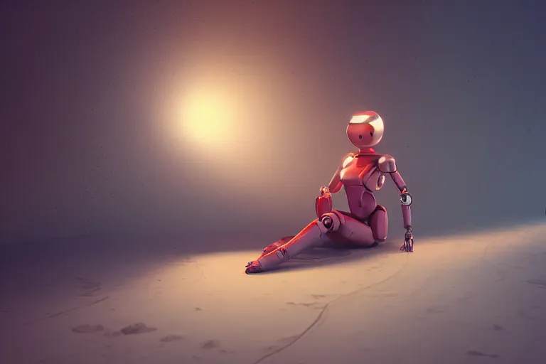 Prompt: a beautiful girl robot sitting on mars relaxing, red lighting, mist, blender render,