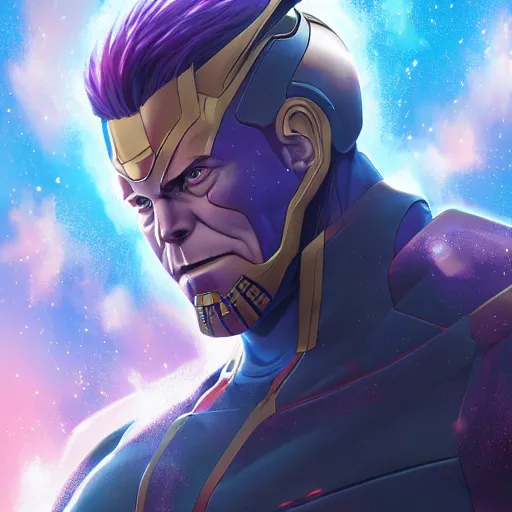 Image similar to anime portrait of elon musk as thanos as an anime antagonist by Stanley Artgerm Lau, WLOP, Rossdraws, James Jean, Andrei Riabovitchev, Marc Simonetti, and Sakimichan, trending on artstation
