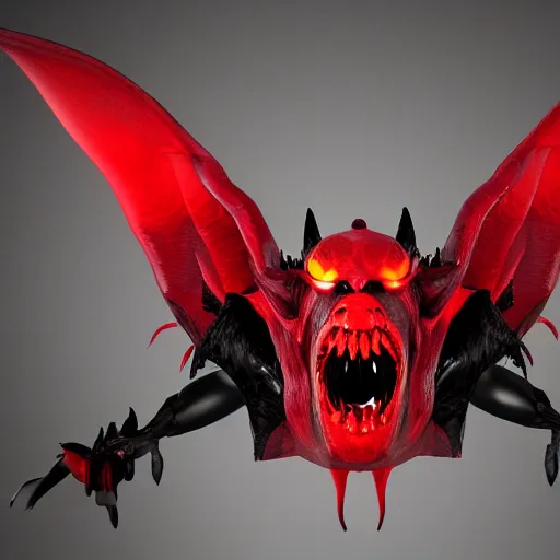 Image similar to black demon with evil face red eyes red mouth, wings, 3 d blender, 8 k, high quality, highly realistic photo realistic