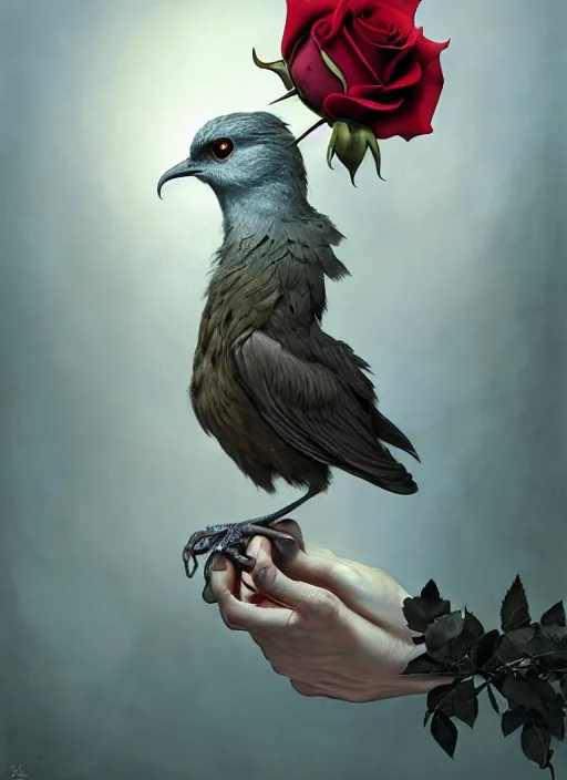 Image similar to a bird with hands holds a rose, hyperrealism, no blur, 4 k resolution, ultra detailed, style of tyler edlin, tom bagshaw, arthur rackham, ivan shishkin