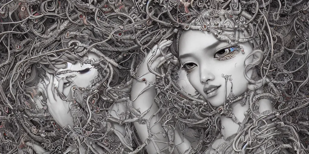 Image similar to hyperrealistic photography of a highly detailed and symmetrical gorgeous nepalese female demigorgon deconstructing a poetry machine in the style of Jin Kagetsu, James Jean and wlop, highly detailed, face symmetry, masterpiece, award-winning, sharp focus, intricate concept art, ambient lighting, 8k, artstation