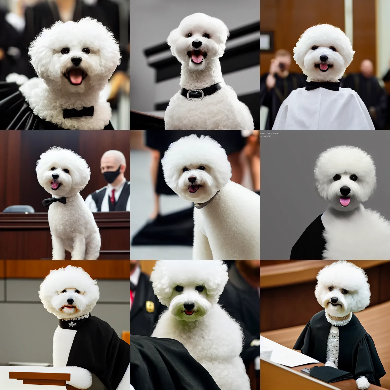 Prompt: a closeup photorealistic photograph of a cute smiling white bichon frise judge wearing a black gown and addressing the courthouse. this 4 k hd image is trending on artstation, featured on behance, well - rendered, extra crisp, features intricate detail, epic composition and the style of unreal engine.