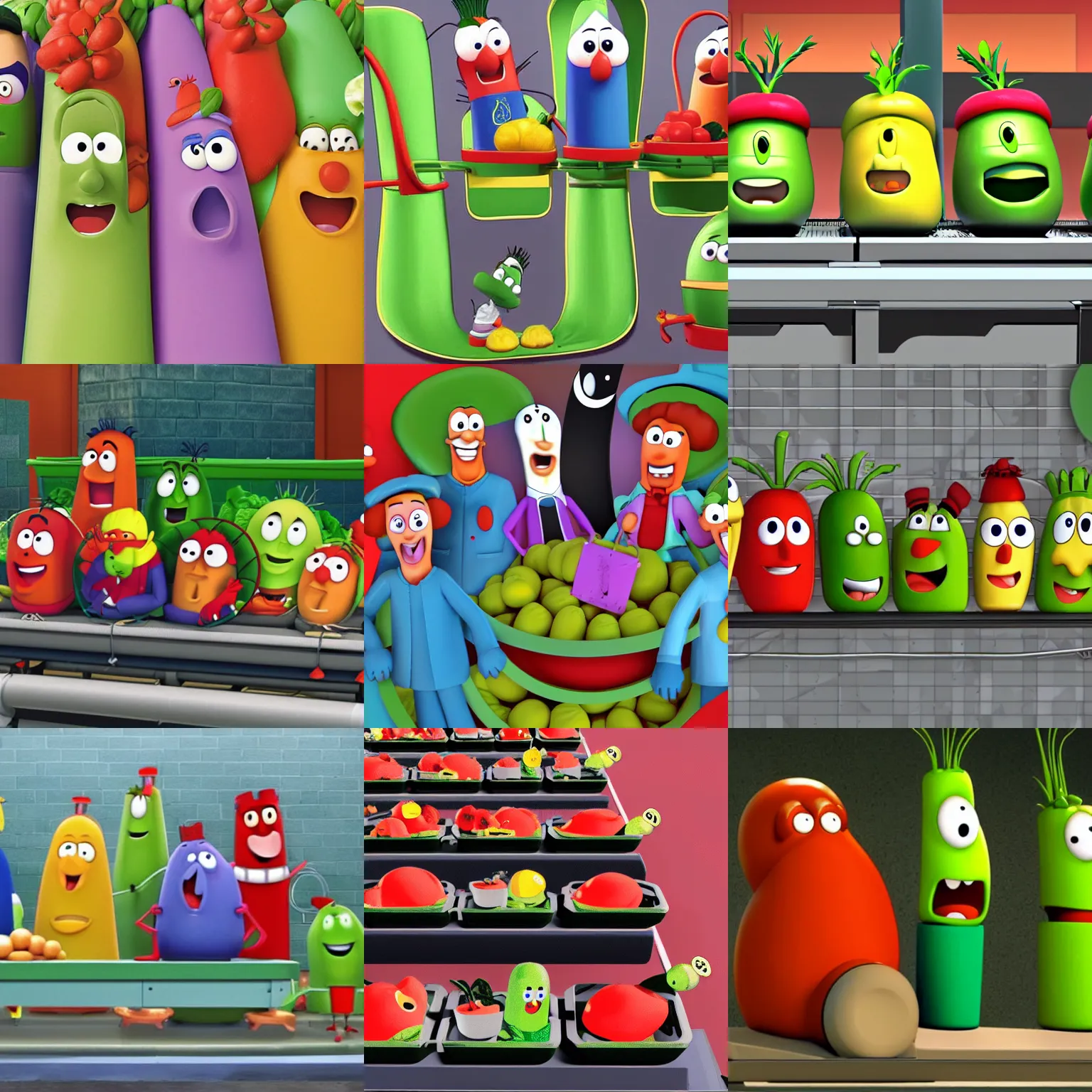 Prompt: the cast of veggietales on a conveyor belt awaiting their impending death, NOW ADD IN HELL