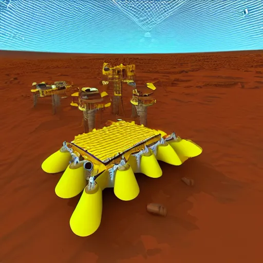 Image similar to a technical blueprint, voxel based world, space mining station on the surface of mars, myriad of interconnected yellow drop pod structures, connected via tubes