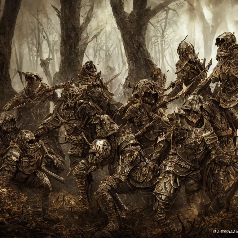Image similar to undead armoured soldiers in burned forest full of smoke, fantasy style, highly detailed, smooth, sharp focus, character portrait, portrait, concept art, intricate details, medieval poster, dark athmosphere, 8 k. lifelike. nikon d 8 5 0