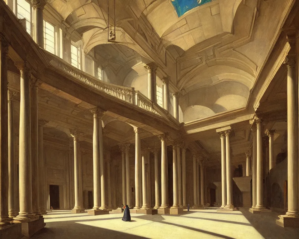 Prompt: an achingly beautiful print of the cavernous interior of an art museum with vibrant paintings lining the walls, potted plants, and classical antiquities by Raphael, Hopper, and Rene Magritte. detailed, romantic, enchanting, trending on artstation.