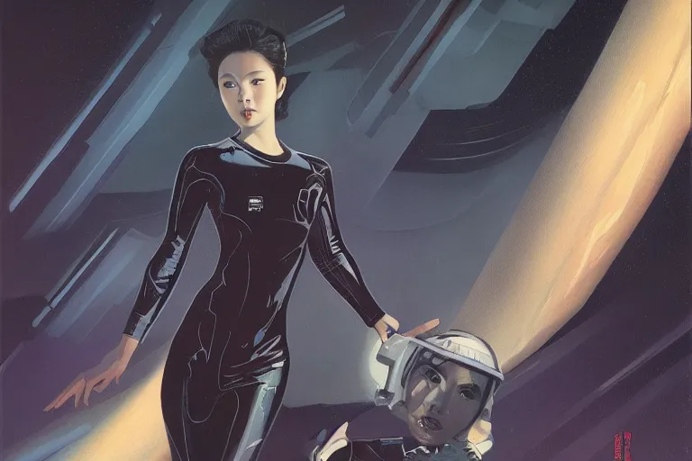Image similar to Lee Jin-Eun by Vincent Di Fate, rule of thirds, seductive look, beautiful, in intergalactic hq
