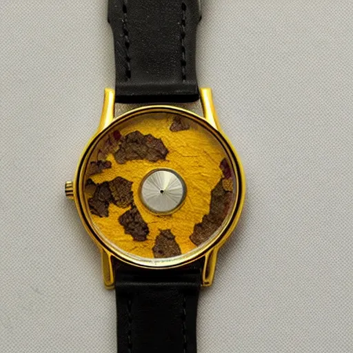 Prompt: minimalistic gold watch with a rough gemstone in the middle in the style of hearthstone