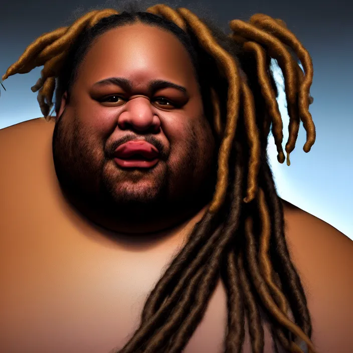 Prompt: hyperrealistic mixed media portrait of a moridly obese black man with dreads wearing a gi, doing martial arts, 8k octane beautifully detailed render, post-processing, extremely hyperdetailed, trending on artstation