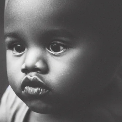 Prompt: the face of kanye west at 3 years old, portrait by julia cameron, chiaroscuro lighting, shallow depth of field, 8 0 mm, f 1. 8