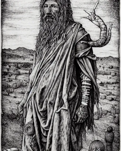 Image similar to a desert druid wearing bandages all over his body, full body, hyper realism, fine details, deviantart artstation, extremely detailed, black and white, very sharp, in the style of albrecht durer, etching,