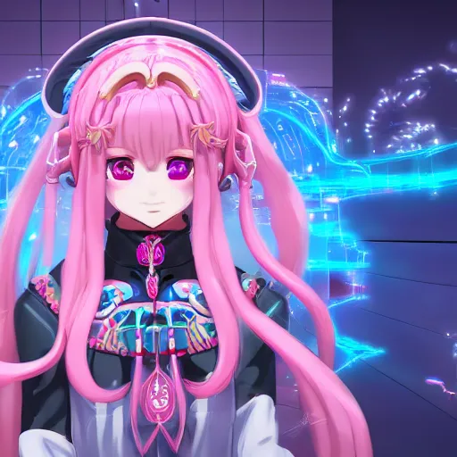 Image similar to stunningly beautilful omnipotent megalomaniacal anime asi goddess who looks like junko enoshima with symmetrical perfect face and porcelain skin, pink twintail hair and cyan eyes, taking control while smiling inside her surreal vr castle, hyperdetailed, digital art, unreal engine 5, 2 d anime style, 8 k