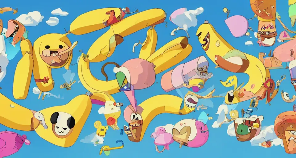 Prompt: cartoon bananas with wings and beaks, swimming in ice cream, in the style of adventure time, the amazing world of gumball, pixar, makoto shinkai, trending on artstation