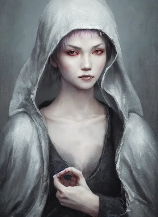 Prompt: girl with short white hair, tattered grey cloak, metallic asian conical hat, beautiful highly detailed face, beautiful painting by artgerm and greg rutkowski and raymond swanland