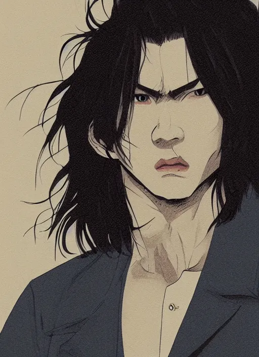 Prompt: portrait illustration by yoji shinakawa, handsome male vampire, focus on face, pretty, long black hair, dark blue shirt, light brown coat