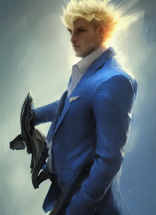 Image similar to side profile of a man with blonde hair in a blue suit wielding a large sword and a gun in a holster, fantasy, digital painting, volumetric light, intricate, sharp, focus, bloom, illustration, highly detailed, concept art, matte, ruan jia, randy vargas, greg rutkowski