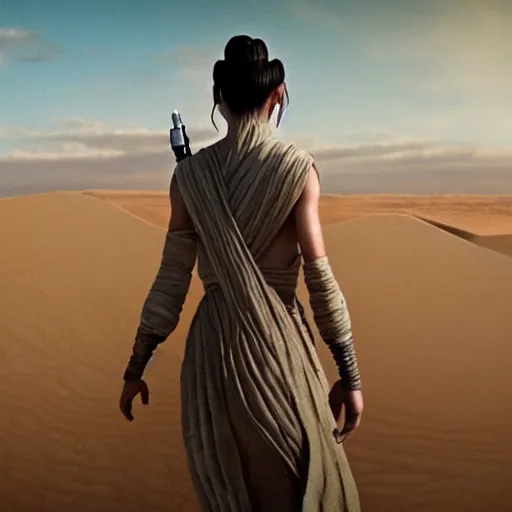 Image similar to rear view of Rey from Star Wars walking along the dunes on Jakku.