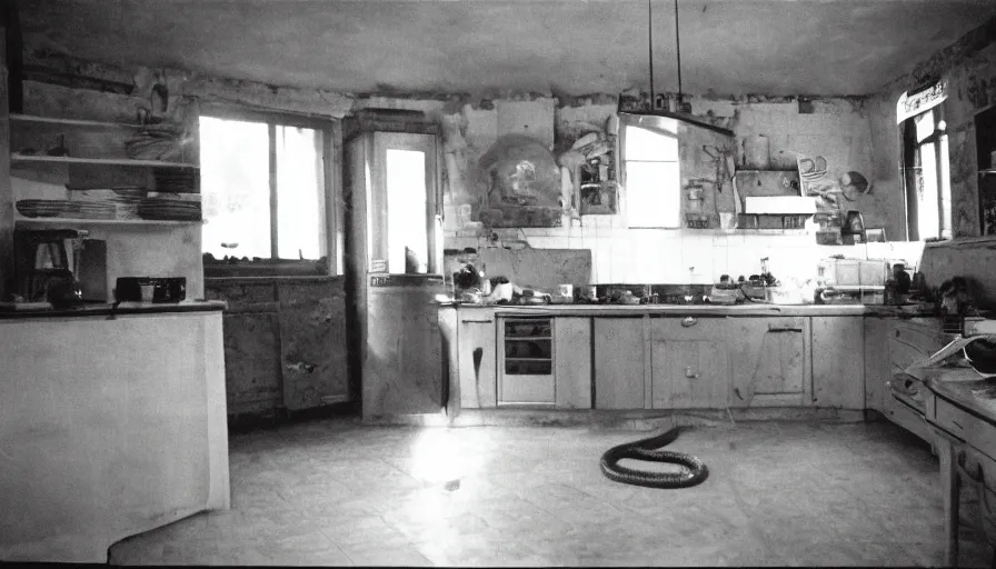 Prompt: a gigantic snake in a stalinist style kitchen, by mini dv camera, very very low quality, heavy grain, very blurry, accidental flash, webcam footage, found footage, security cam, caught on trail cam