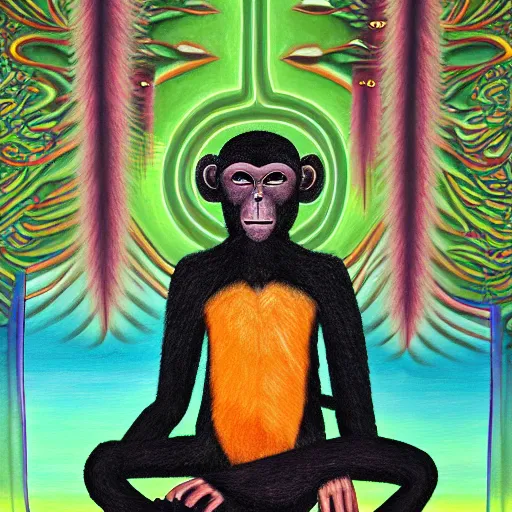 Image similar to an anthromorphic monkey man meditating in a zen garden with a waterfall, by amanda clark and amanda sage in a psychedelic style, oil on canvas