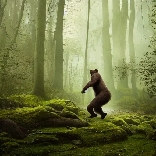 Image similar to a large bear-shaped lovecraftian monster running quickly through a woodland, magical forest, fantasy, Ireland, England, king Arthur, Lord of the rings, cinematic, realistic style, beautiful, majestic, dramatic lighting, early morning, dawn CGsociety, realistic, hyper maximalist, golden ratio, octane render, rule of thirds, wide shot , 8k resolution, epic volumetric light, cinematography, concept art, Artstation trending, environments, fantasy