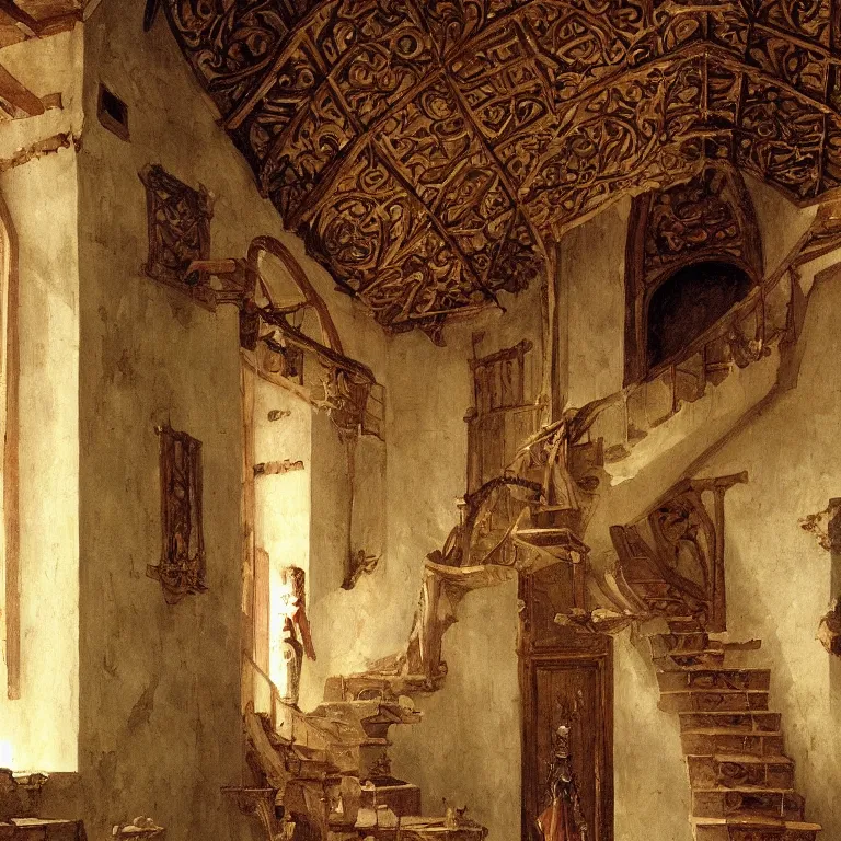 Image similar to a detailed painting of a medieval hall with wooden walls, big marble statue and staircase to the second floor. fantasy poster. lord of the rings style. cinematic fantasy scene. fantasy. carl spitzweg. renaissance elements. renaissance element. oil painting. award winning. trending on artstation. 8 k