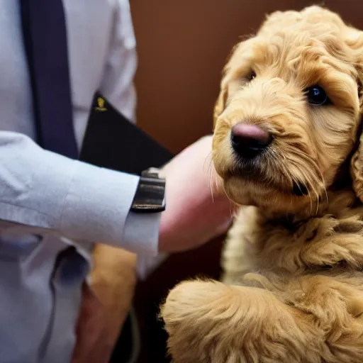 Prompt: Award-winning photograph of a golden labradoodle puppy presenting some impressive graphs to senior leadership